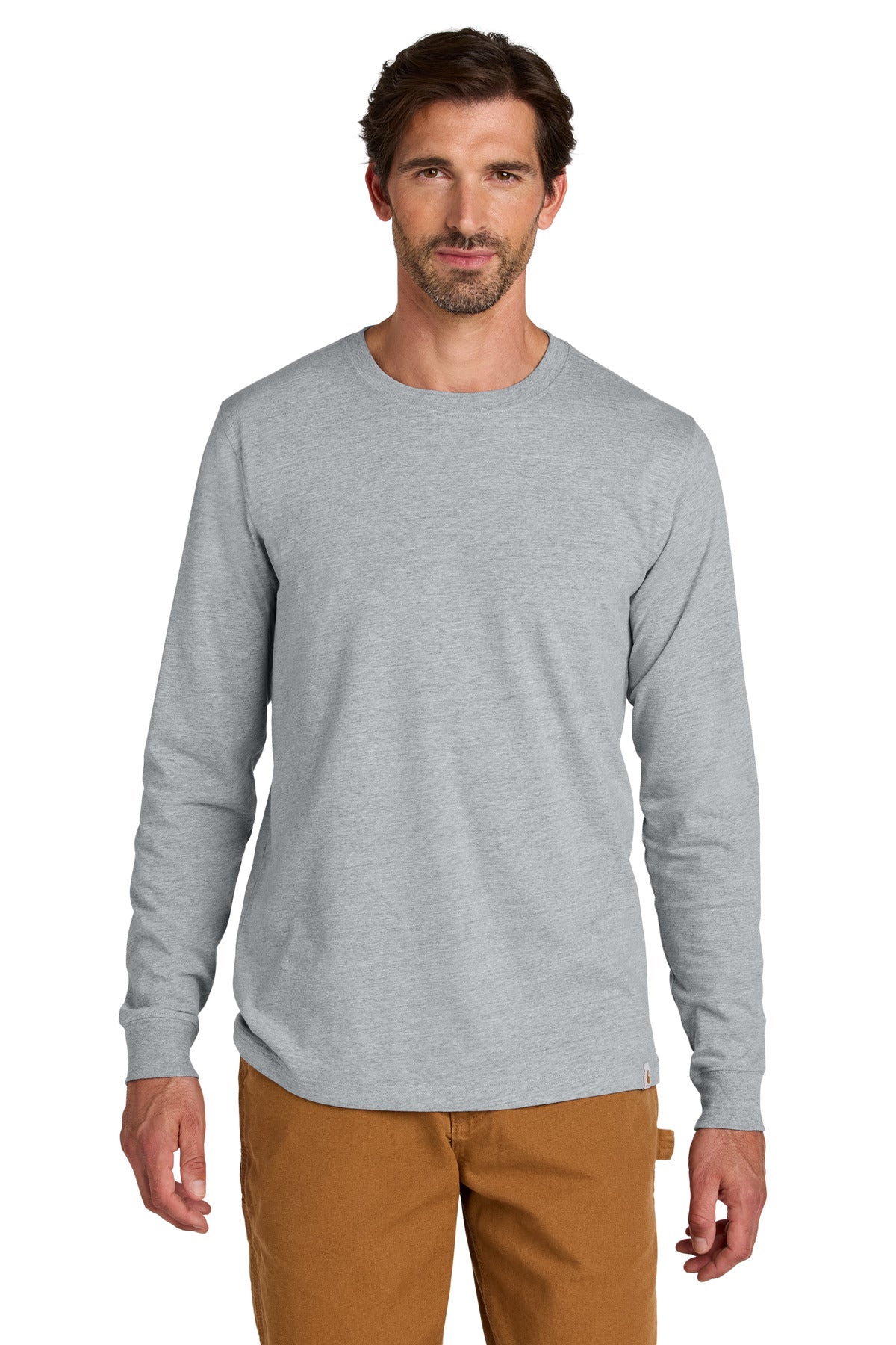 Carhartt long sleeve T-shirt in heather gray, front view showcasing soft fabric and classic fit for casual wear.