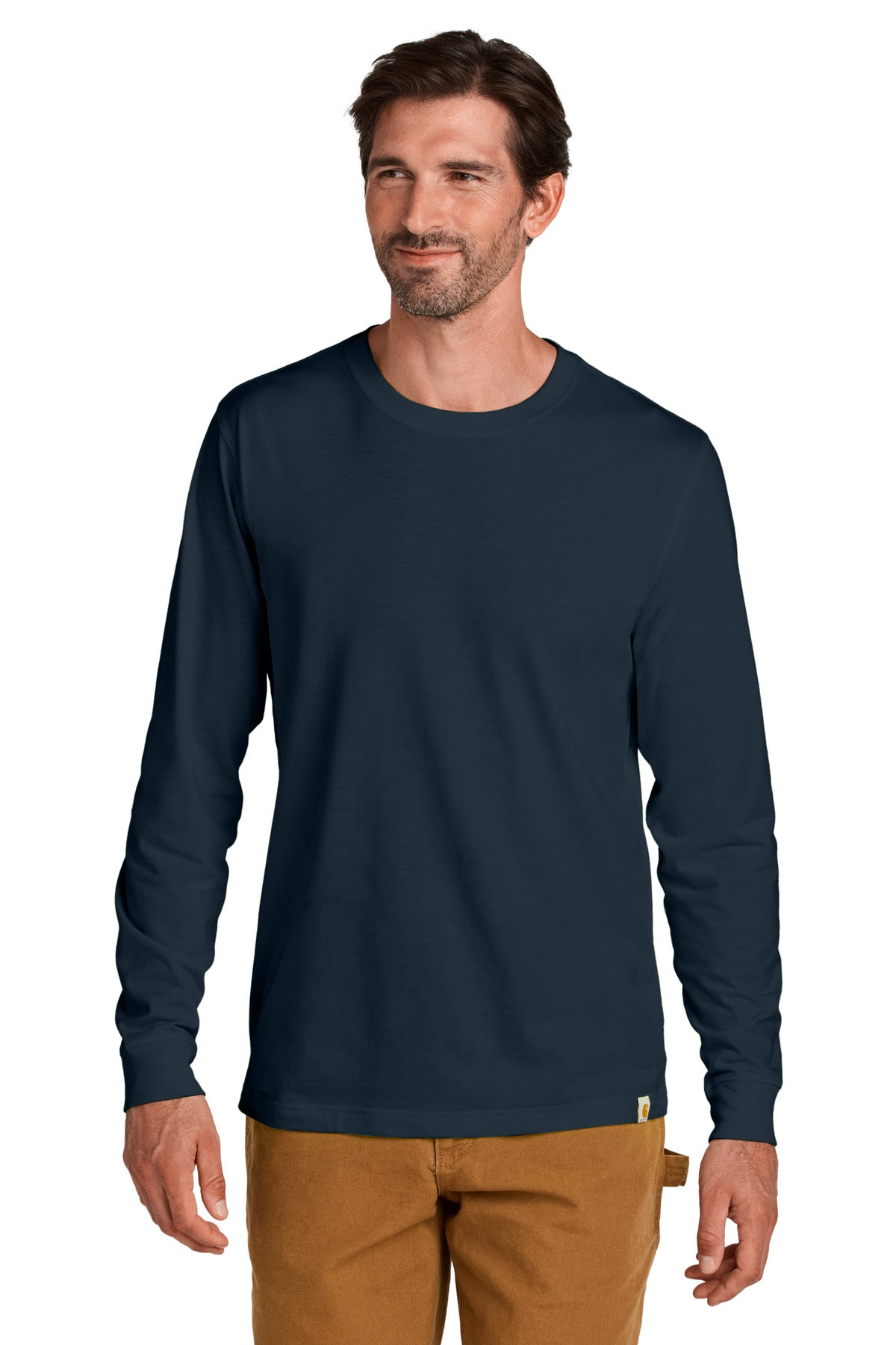 Navy Carhartt long sleeve T-shirt CT106921 displayed on a model, front view showing the classic fit and soft fabric.