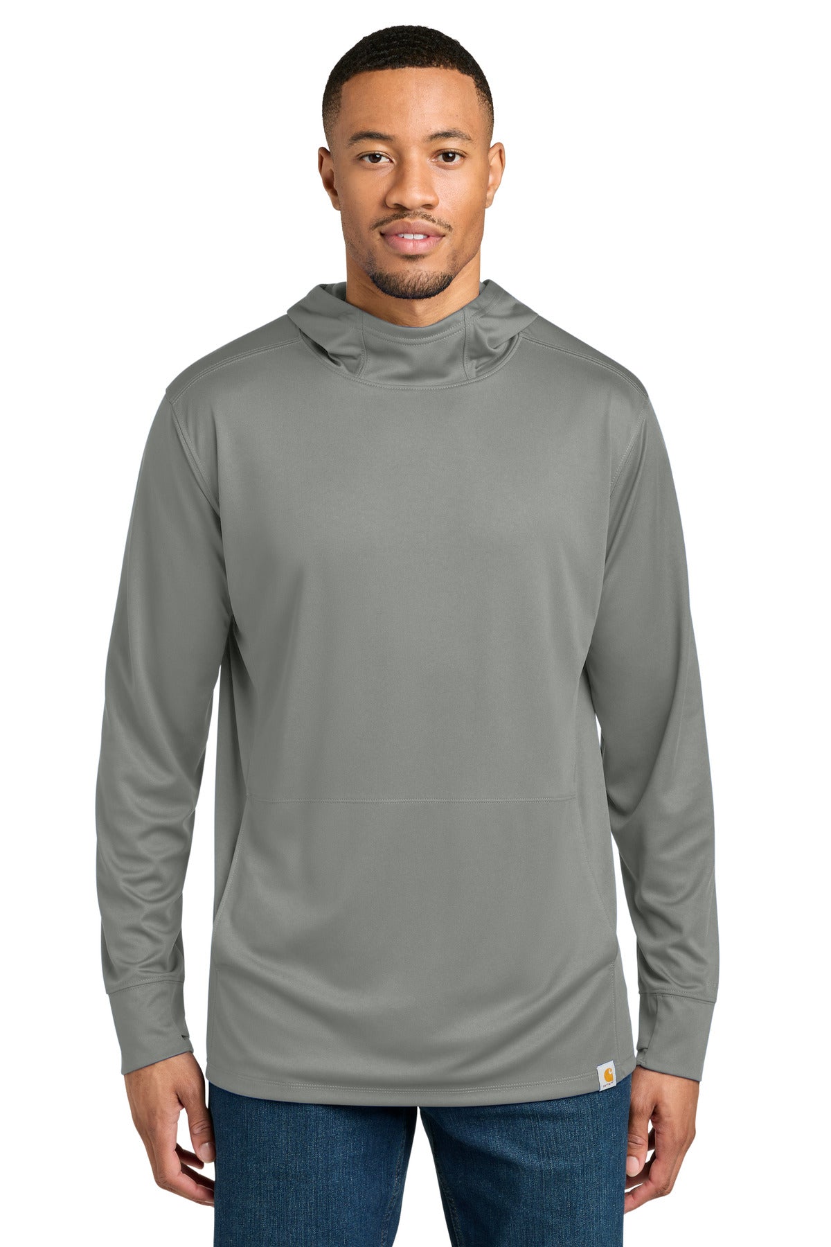 Carhartt Force Sun Defender long sleeve hooded T-shirt in asphalt grey, front view showing lightweight, breathable fabric and logo.