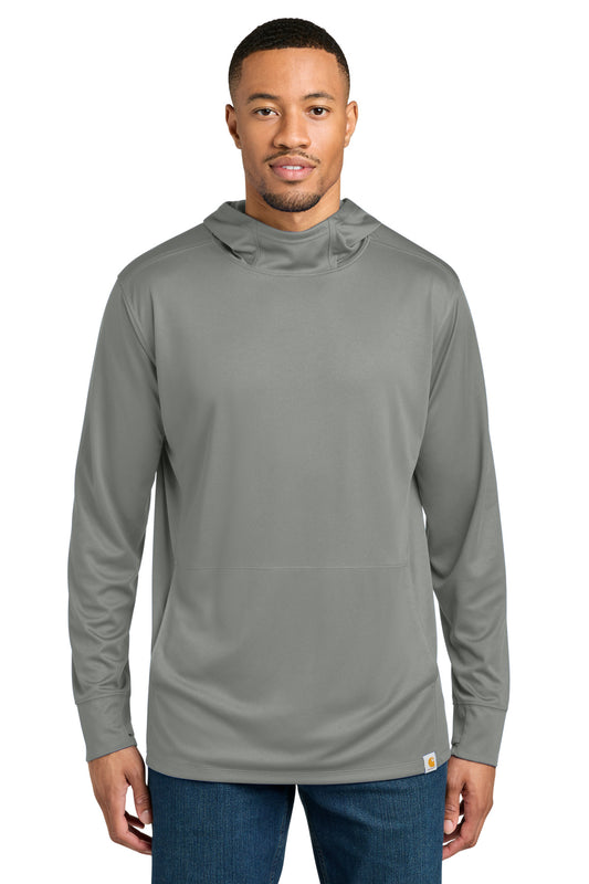 Carhartt Force Sun Defender long sleeve hooded T-shirt in asphalt grey, front view showing lightweight, breathable fabric and logo.