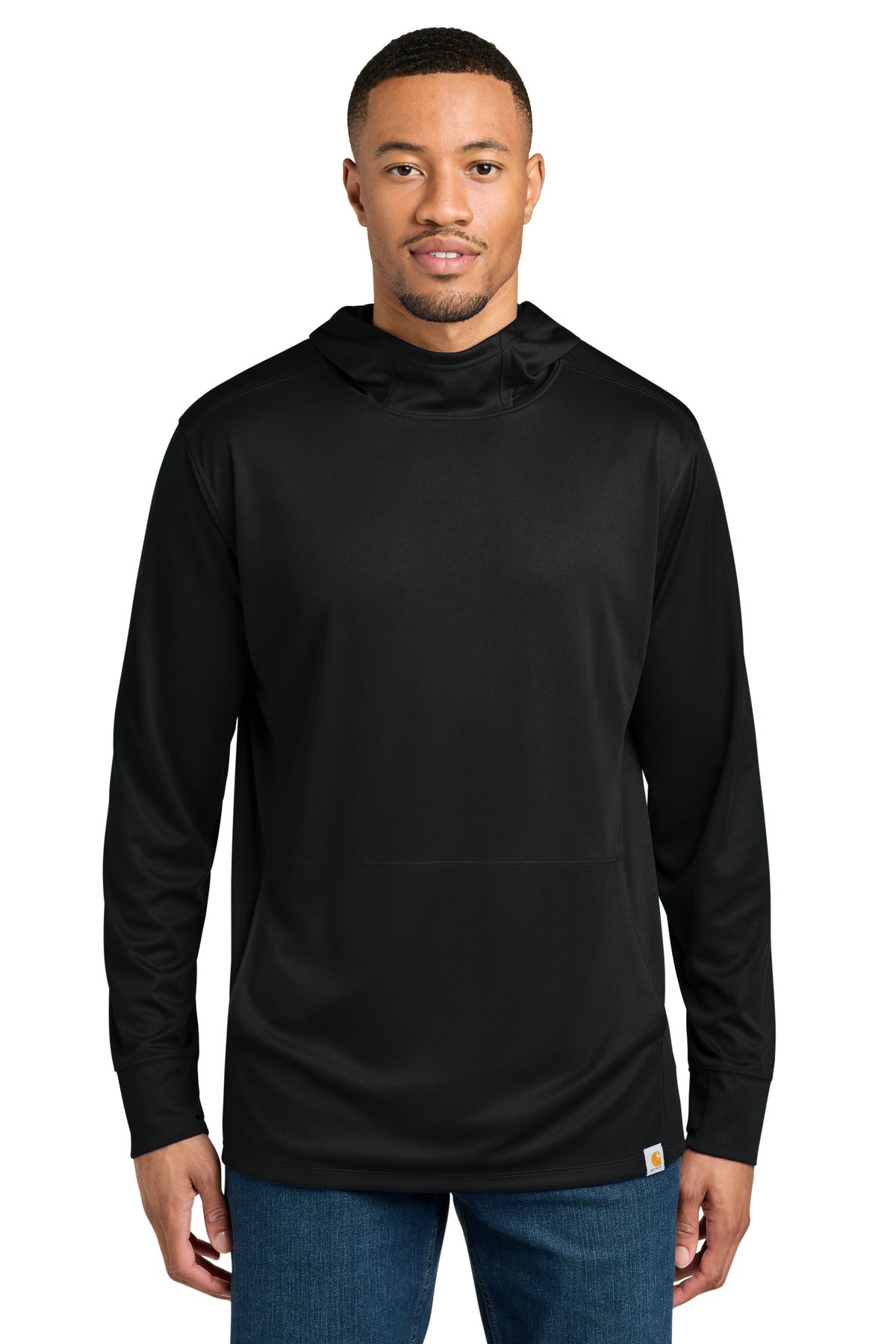 Black Carhartt Force Sun Defender long sleeve hooded T-shirt worn by a model, featuring sun protection and lightweight fabric.
