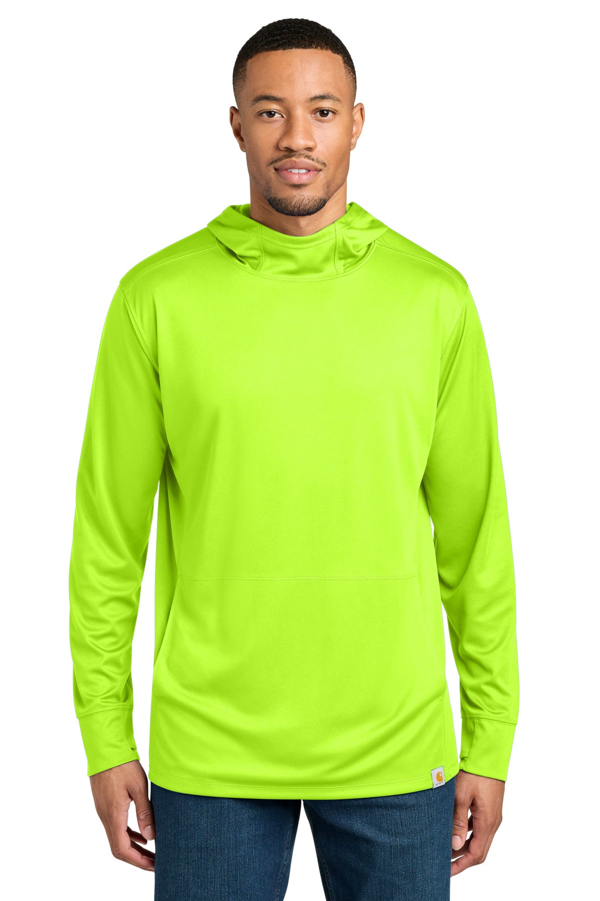 Bright lime Carhartt Force Sun Defender long sleeve hooded T-shirt with front view on a model.