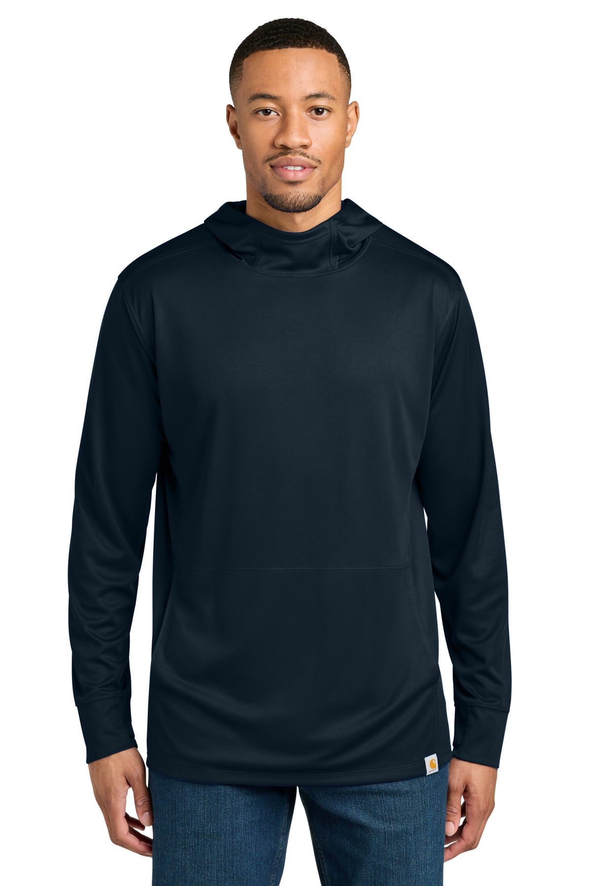 Navy Carhartt Force Sun Defender long sleeve hooded T-shirt worn by a model, featuring lightweight fabric and sun protection design.