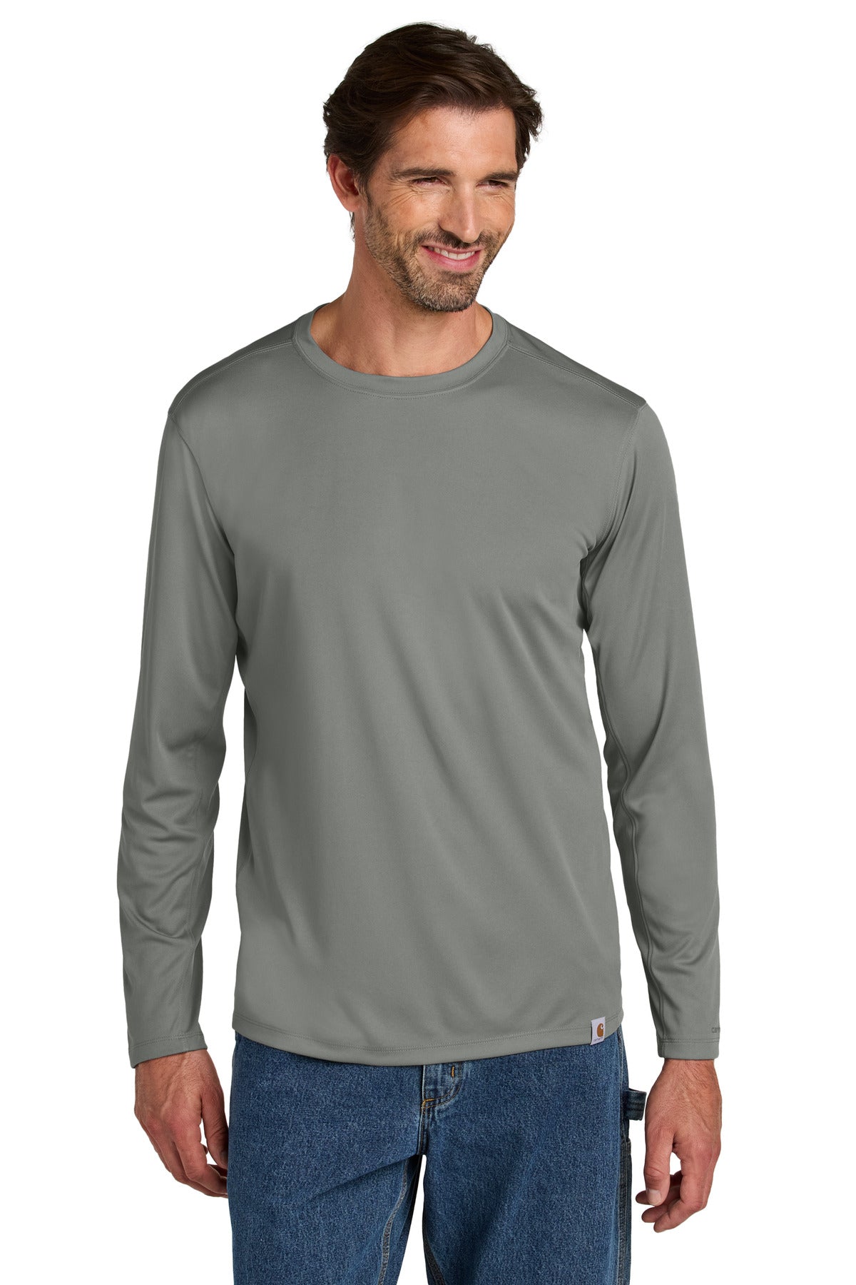 Carhartt Force Sun Defender long sleeve T-shirt in asphalt grey, front view showing lightweight, sun-protective fabric and fit.