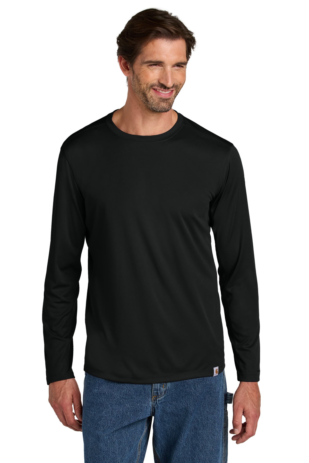 Black Carhartt Force Sun Defender long sleeve T-shirt worn by a model, featuring lightweight fabric and sun protection details.