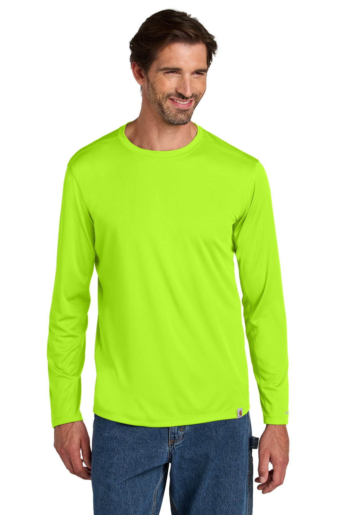 Carhartt Force Sun Defender long sleeve T-shirt in brite lime, front view showing lightweight, sun-protective fabric and logo detail.