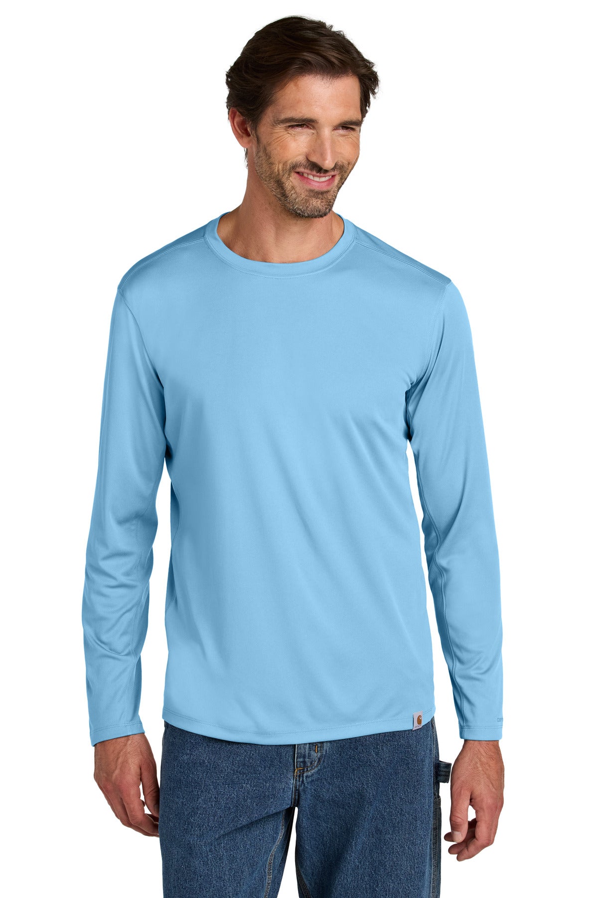 Carhartt Force Sun Defender long sleeve T-shirt in freshwater blue, front view showing lightweight, breathable fabric and sun protection features.