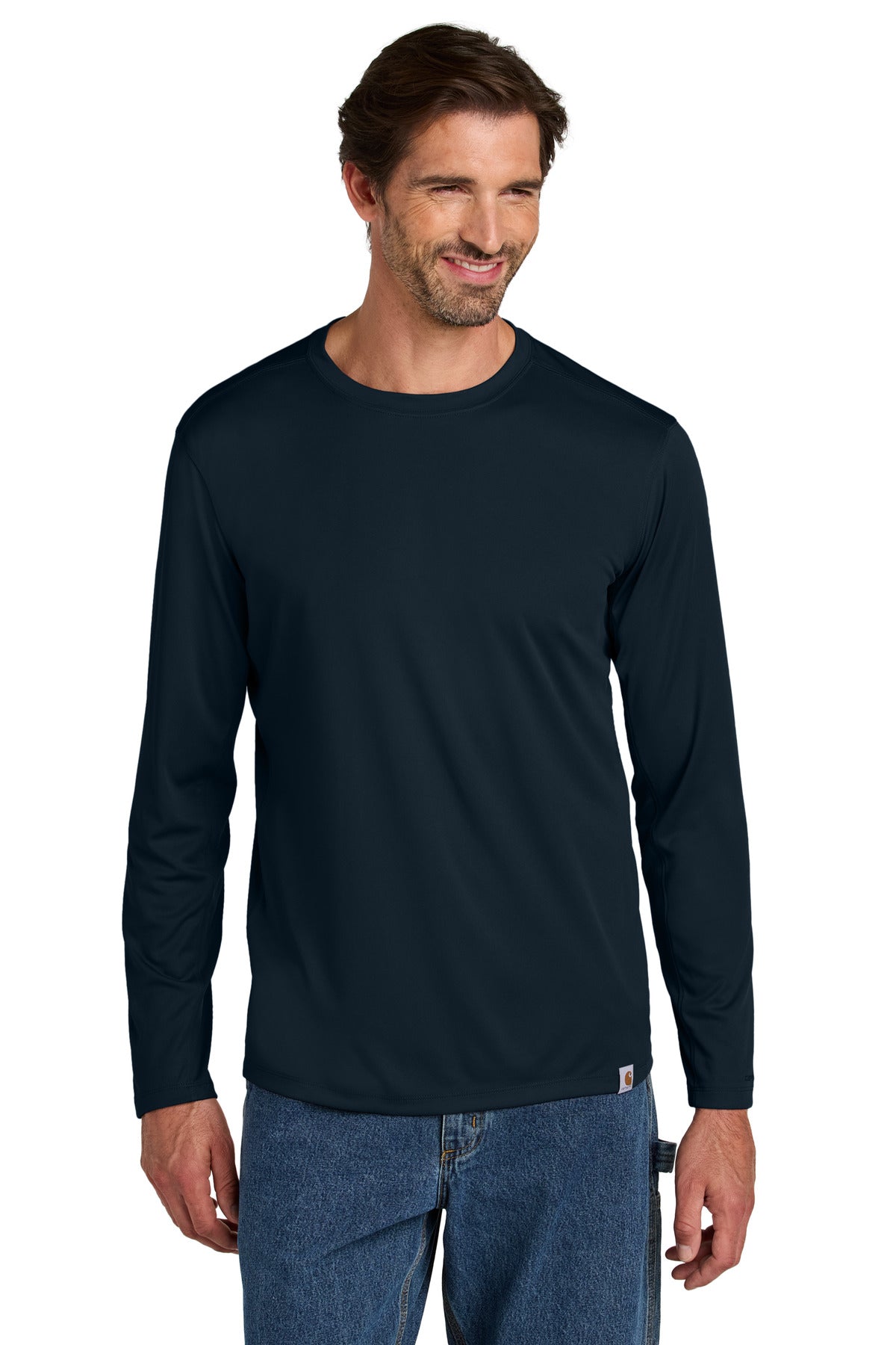 Navy Carhartt Force Sun Defender long sleeve T-shirt with front view, showcasing lightweight fabric and sun protection features.