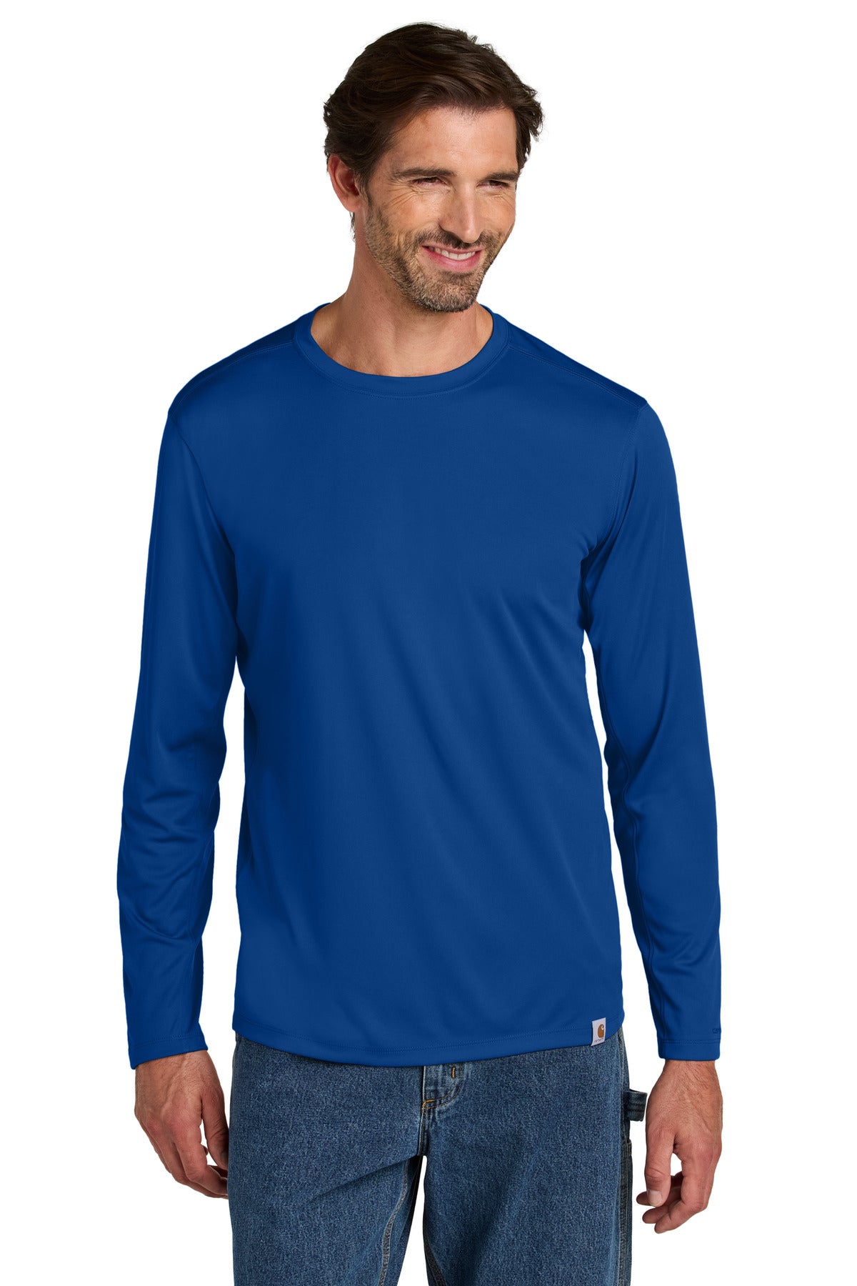 Carhartt Force Sun Defender long sleeve T-shirt in royal glass blue, front view showing lightweight, sun-protective fabric for outdoor wear.