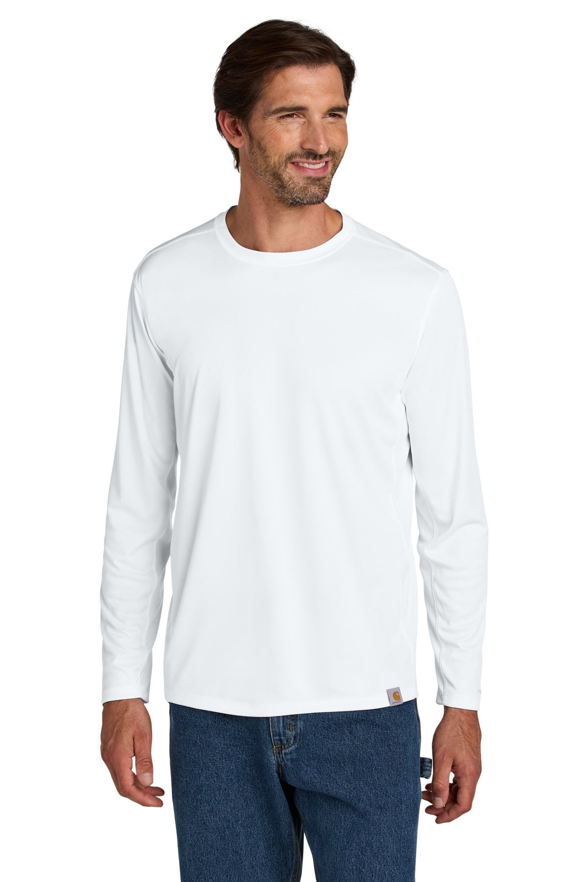 White Carhartt Force Sun Defender long sleeve T-shirt on a model, showing the front design and sun protection features.