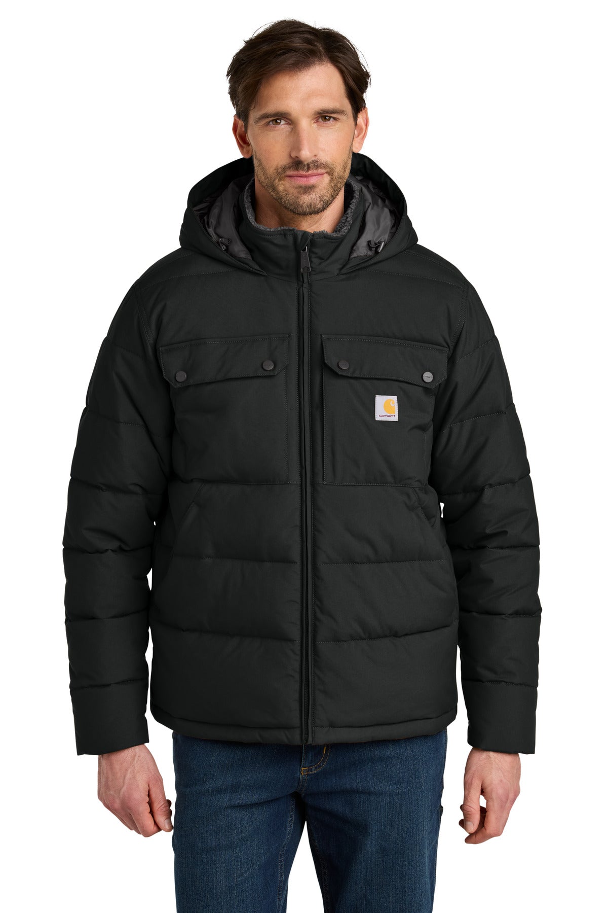 Black Carhartt Montana insulated hooded jacket worn by a model, front view showcasing the jacket's padded design and hood features.