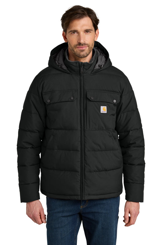 Black Carhartt Montana insulated hooded jacket worn by a model, front view showcasing the jacket's padded design and hood features.