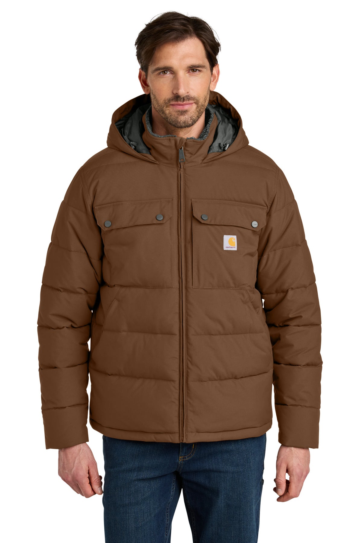 Red Carhartt Montana insulated hooded jacket on a model, front view showcasing the durable outer fabric and hood details.