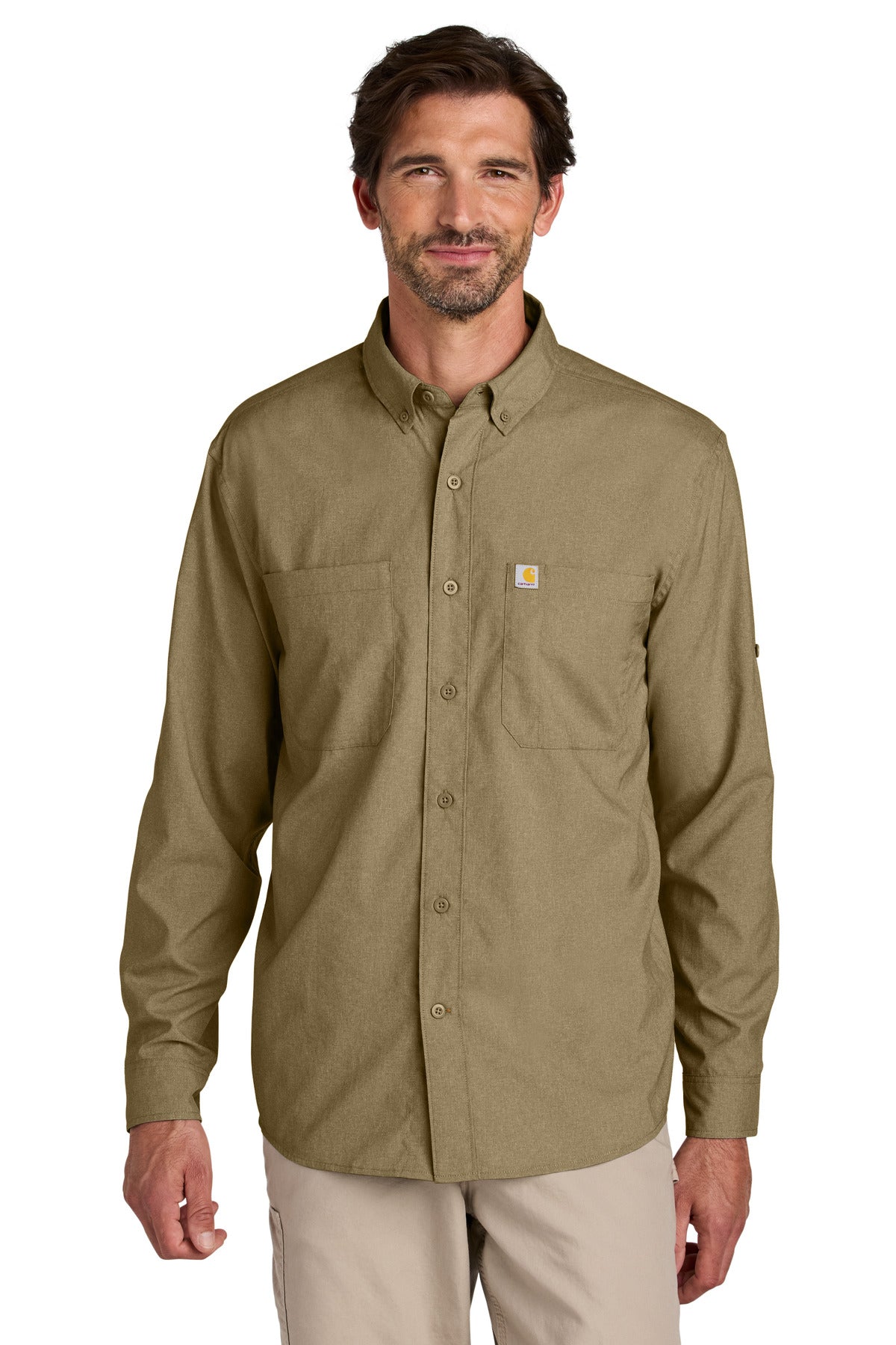 Carhartt Force Sun Defender long sleeve shirt in dark khaki, front view showing lightweight, sun-protective workwear for men.