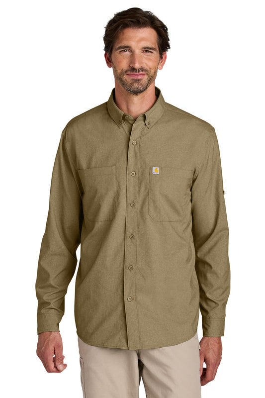 Carhartt Force Sun Defender long sleeve shirt in dark khaki, front view showing lightweight, sun-protective workwear for men.