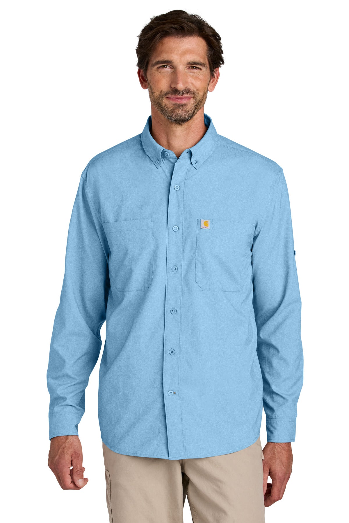 Carhartt Force Sun Defender long sleeve shirt in freshwater blue, front view, designed for sun protection and outdoor work.