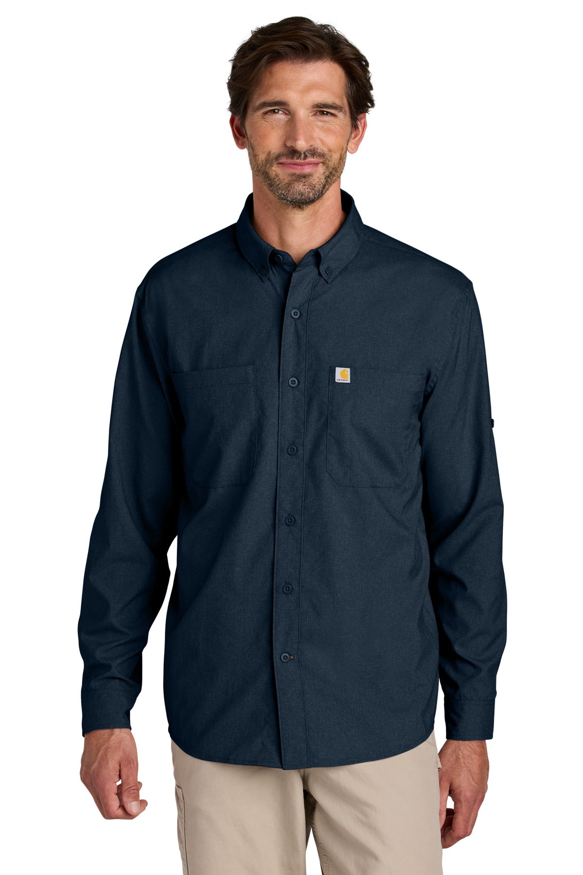 Navy Carhartt Force Sun Defender long sleeve shirt with front view, lightweight fabric, and sun protection features.