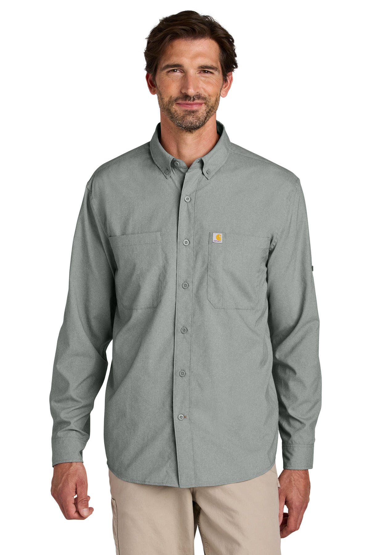 Carhartt Force Sun Defender long sleeve shirt in steel color, front view showing lightweight, sun protection fabric for outdoor work.