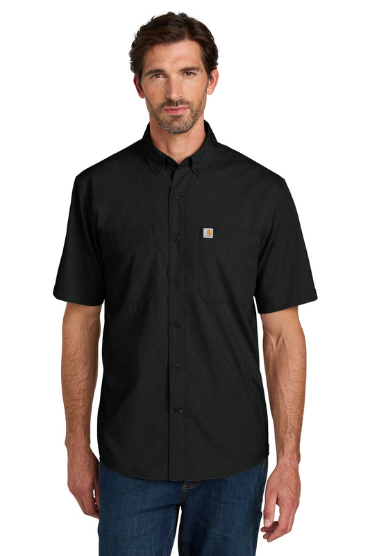 Black Carhartt Force Sun Defender short sleeve shirt worn by a model, showcasing the lightweight, UV-protective fabric.