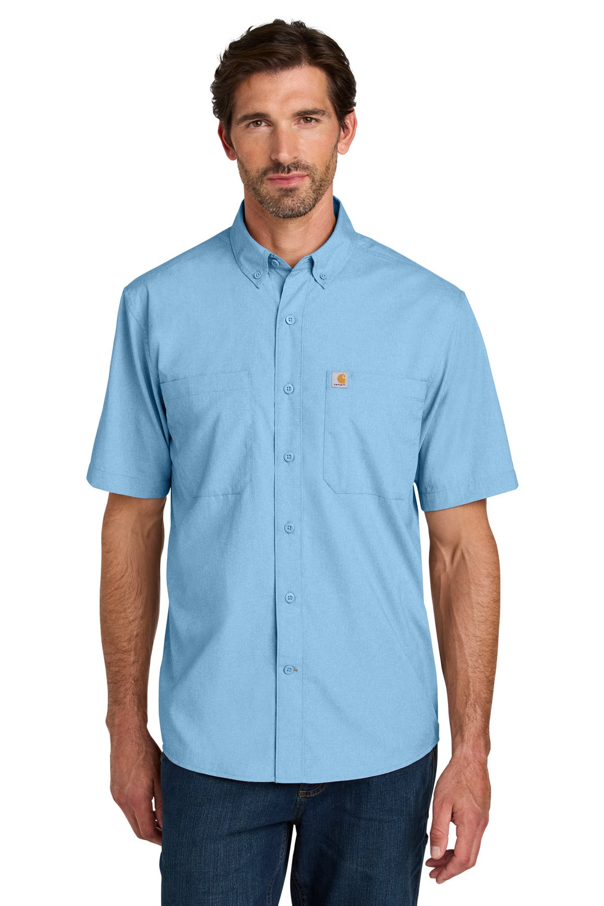Carhartt Force Sun Defender short sleeve shirt in freshwater blue, front view showing lightweight, breathable fabric and sun protection features.