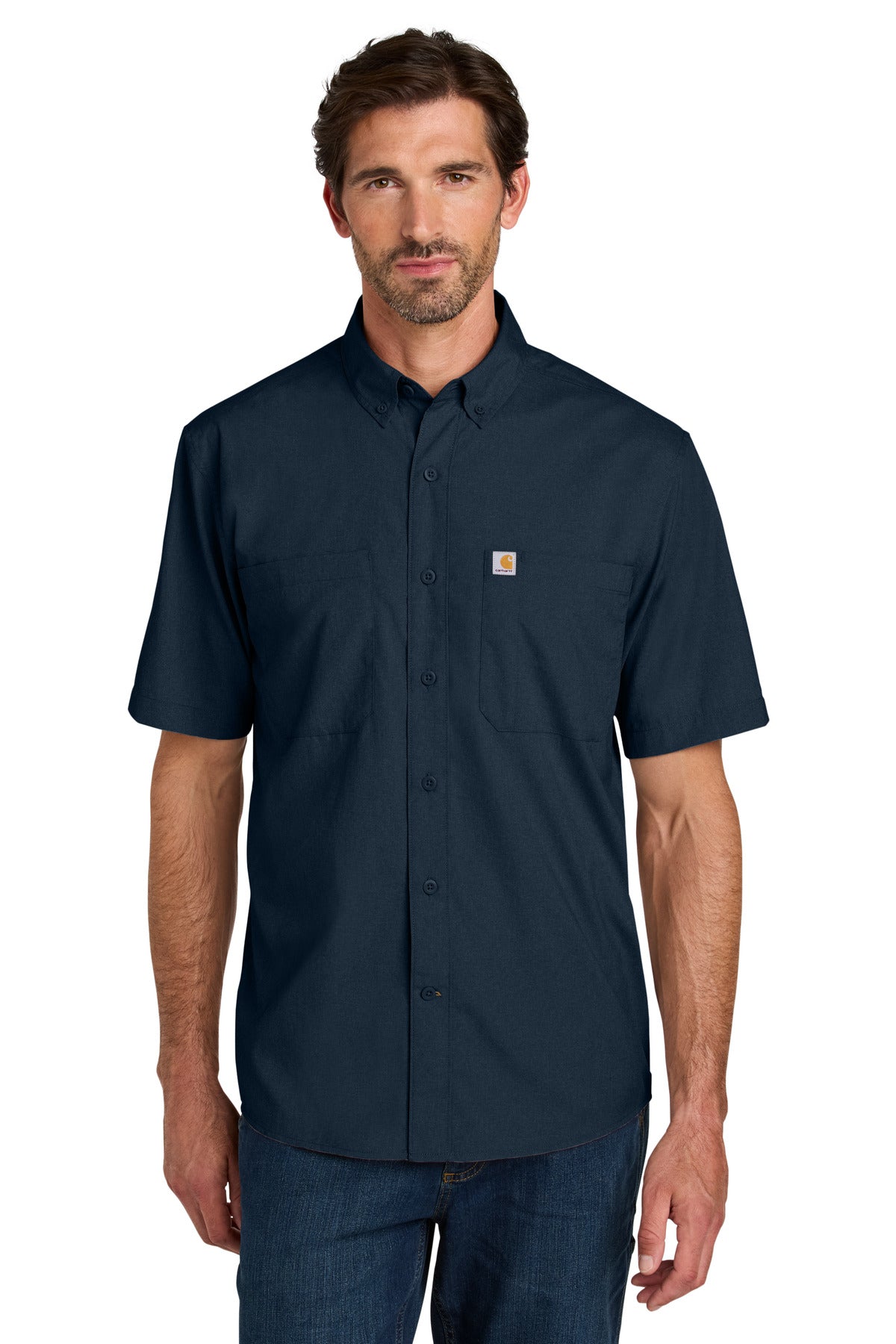 Navy Carhartt Force Sun Defender short sleeve shirt with model showing front view, lightweight and protective against sun exposure.