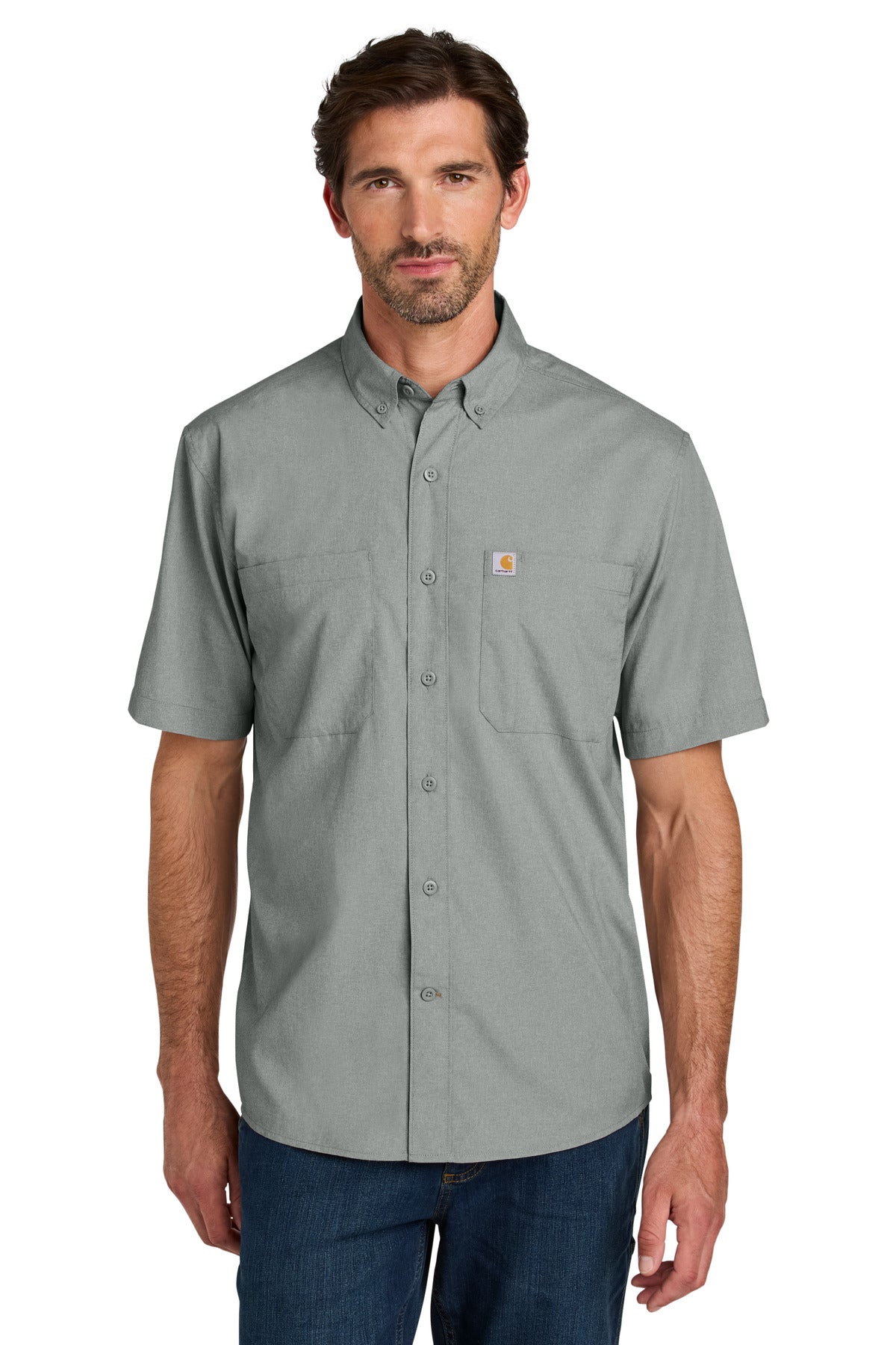 Carhartt Force Sun Defender short sleeve shirt in steel color, front view showing lightweight, breathable fabric and sun protection features.
