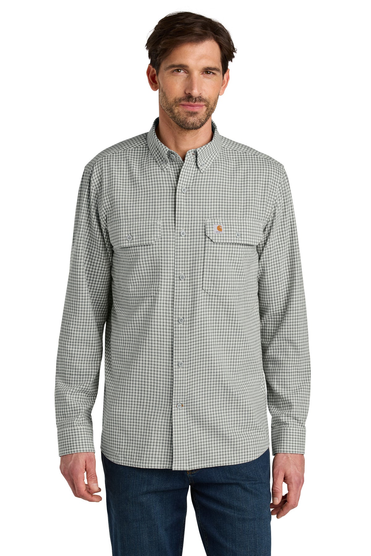 Carhartt Rugged Flex plaid long sleeve shirt in steel malt color, front view showing button-up design and classic check pattern.