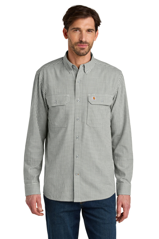 Carhartt Rugged Flex plaid long sleeve shirt in steel malt color, front view showing button-up design and classic check pattern.