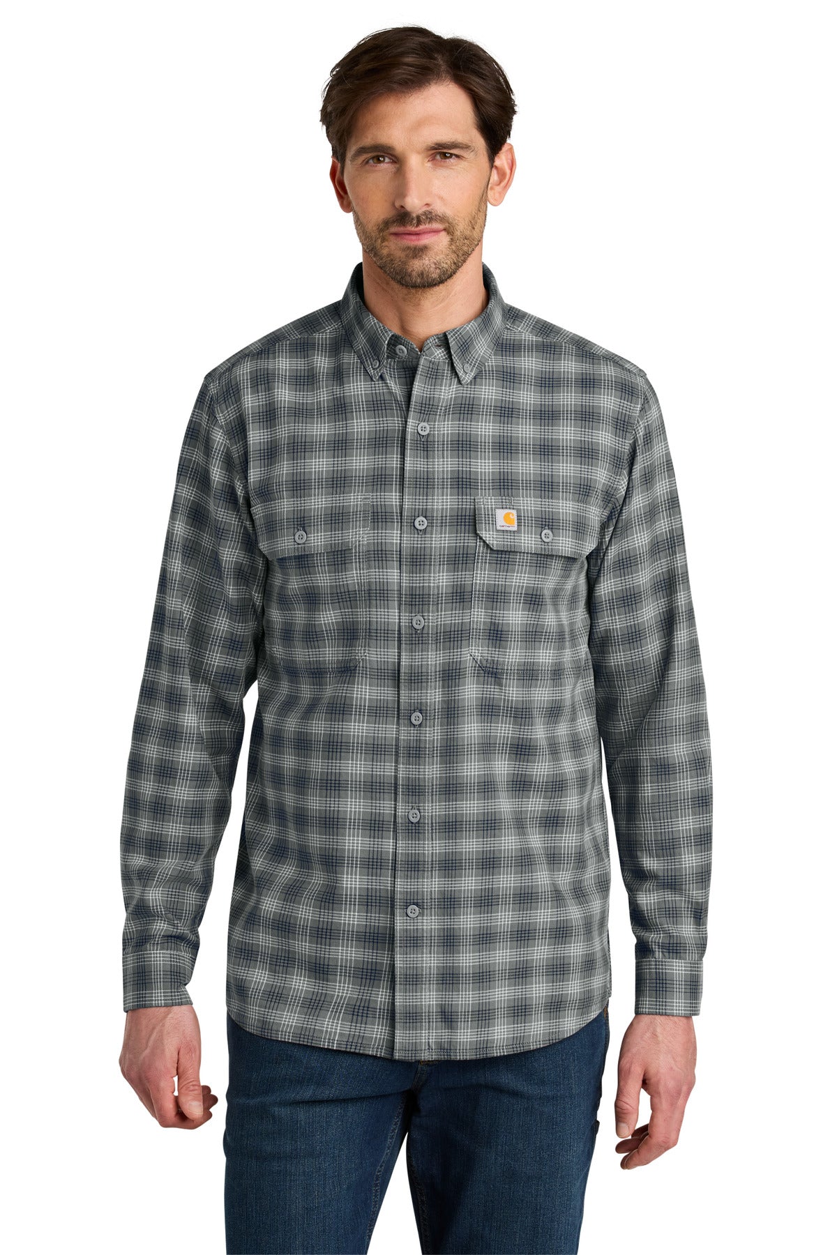 Carhartt Rugged Flex plaid long sleeve shirt in steel navy, featuring a front view with a button-up design and classic plaid pattern.
