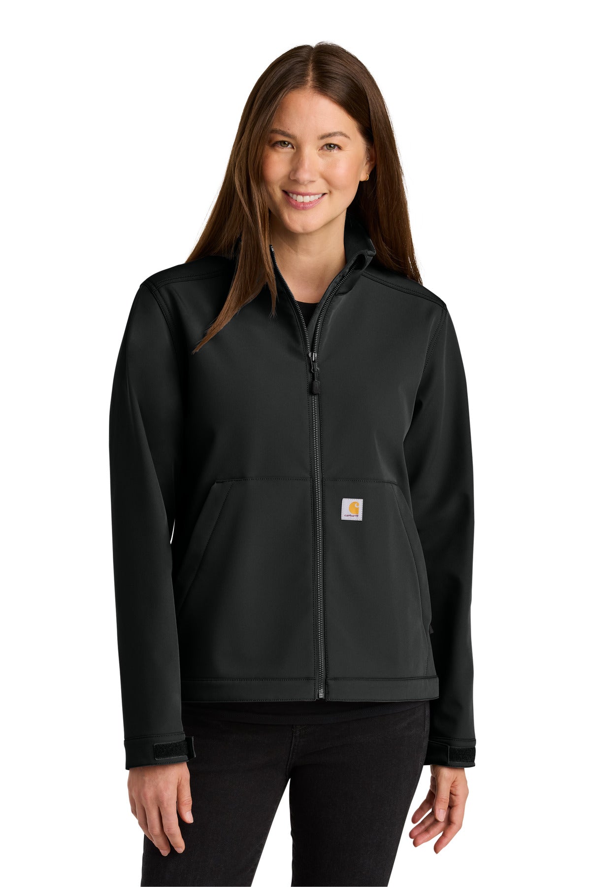 Black Carhartt Women's Rain Defender Soft Shell Jacket front view, showcasing the jacket's sleek design and lightweight waterproof material.