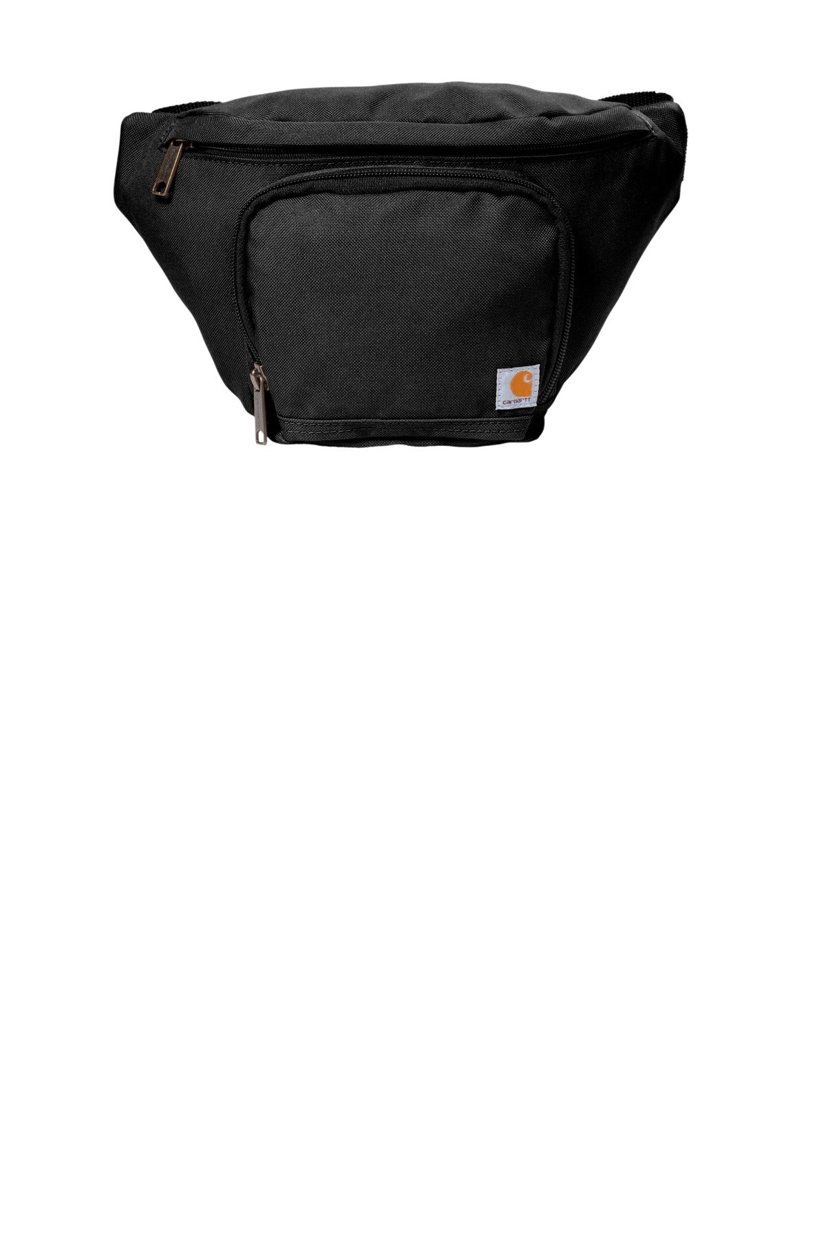 Black Carhartt waist pack with flat front design, made of durable material, ideal for carrying essentials comfortably.