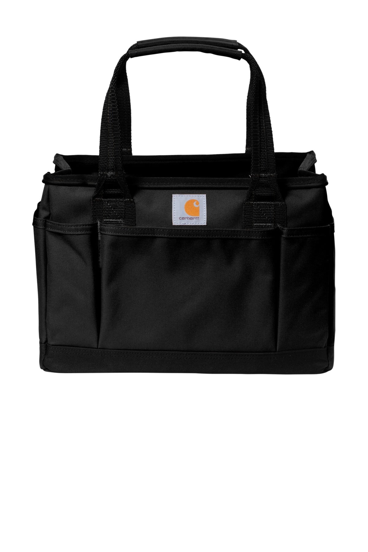 Black Carhartt utility tote bag with flat front and sturdy handles, ideal for work, travel, or organization.
