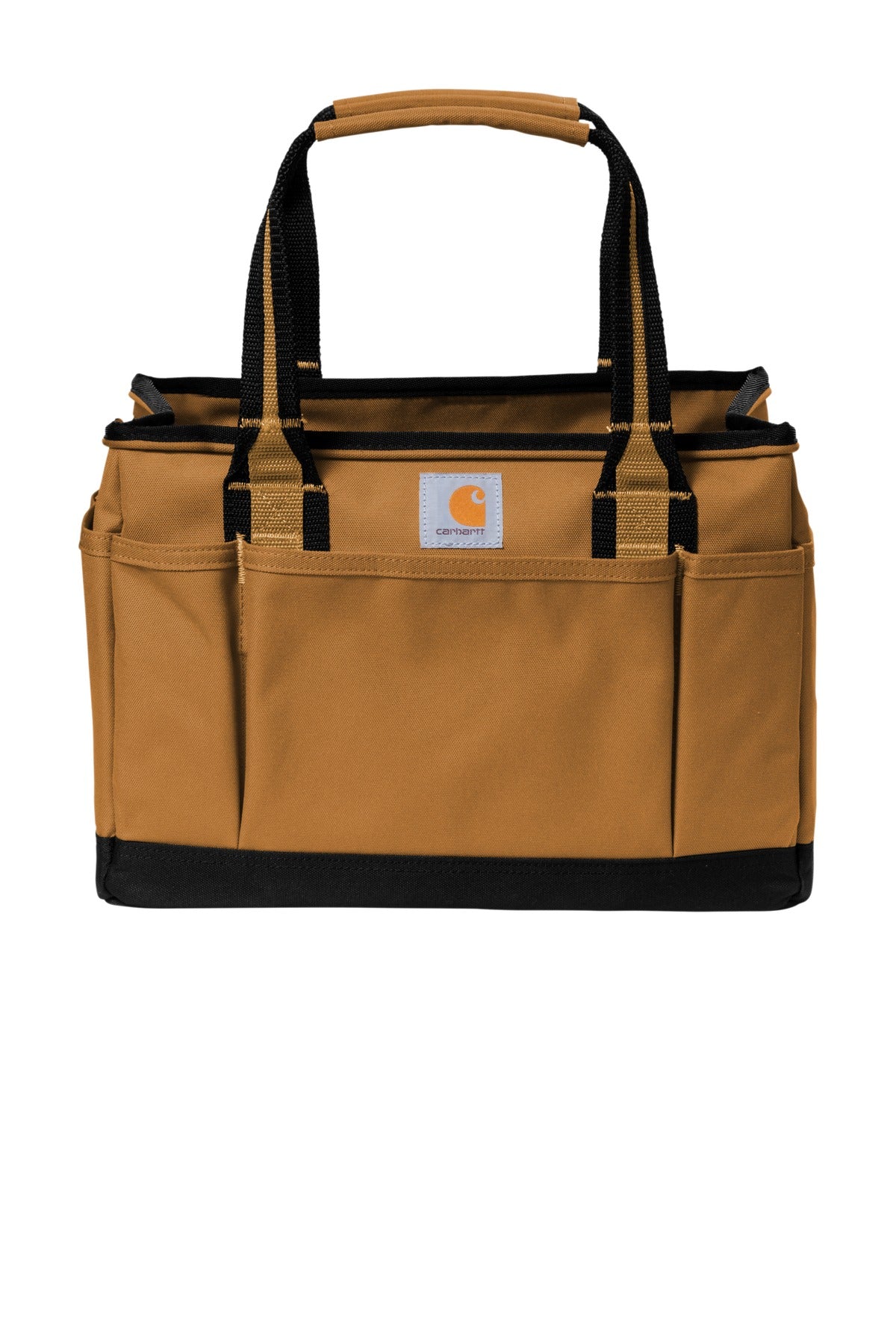 Carhartt utility tote in brown with flat front design, durable fabric, and sturdy handles for versatile storage.