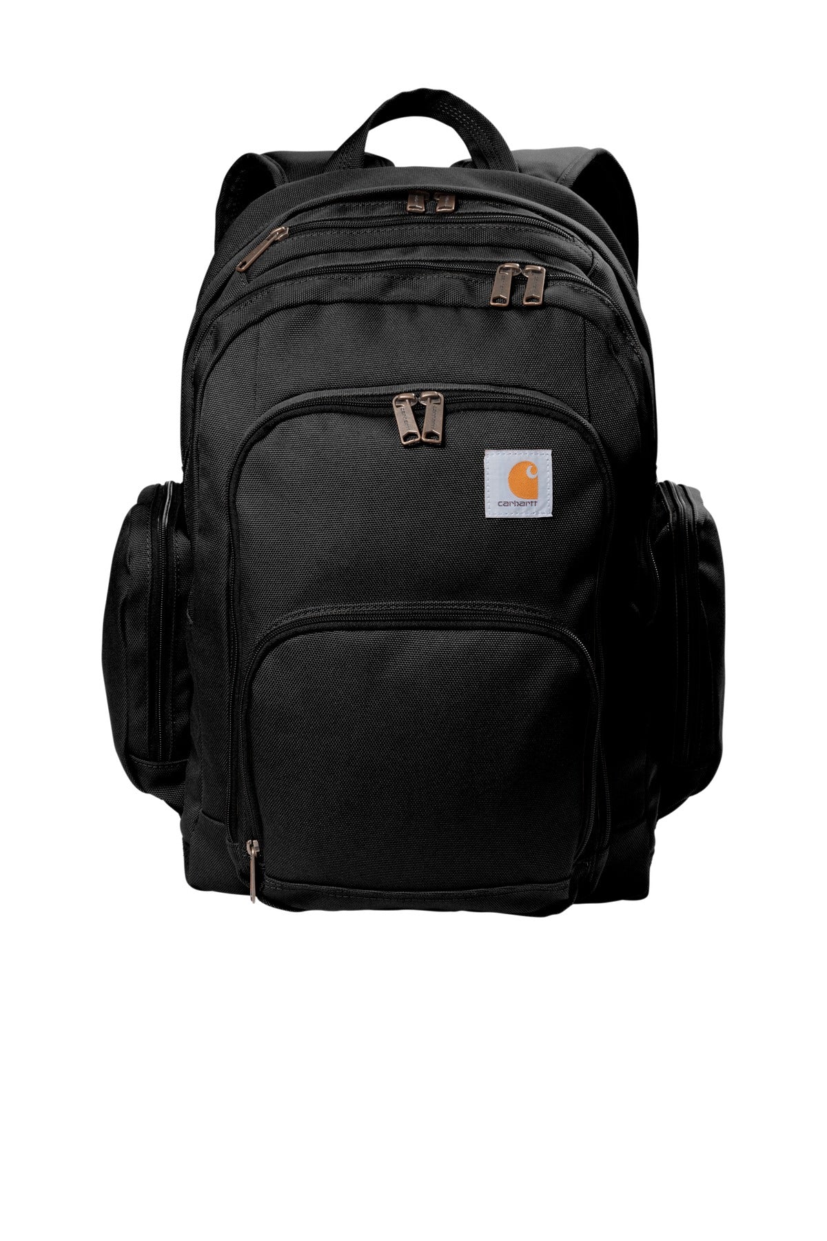 Black Carhartt Foundry Series Pro Backpack with flat front design, durable fabric, multiple compartments, and padded shoulder straps.