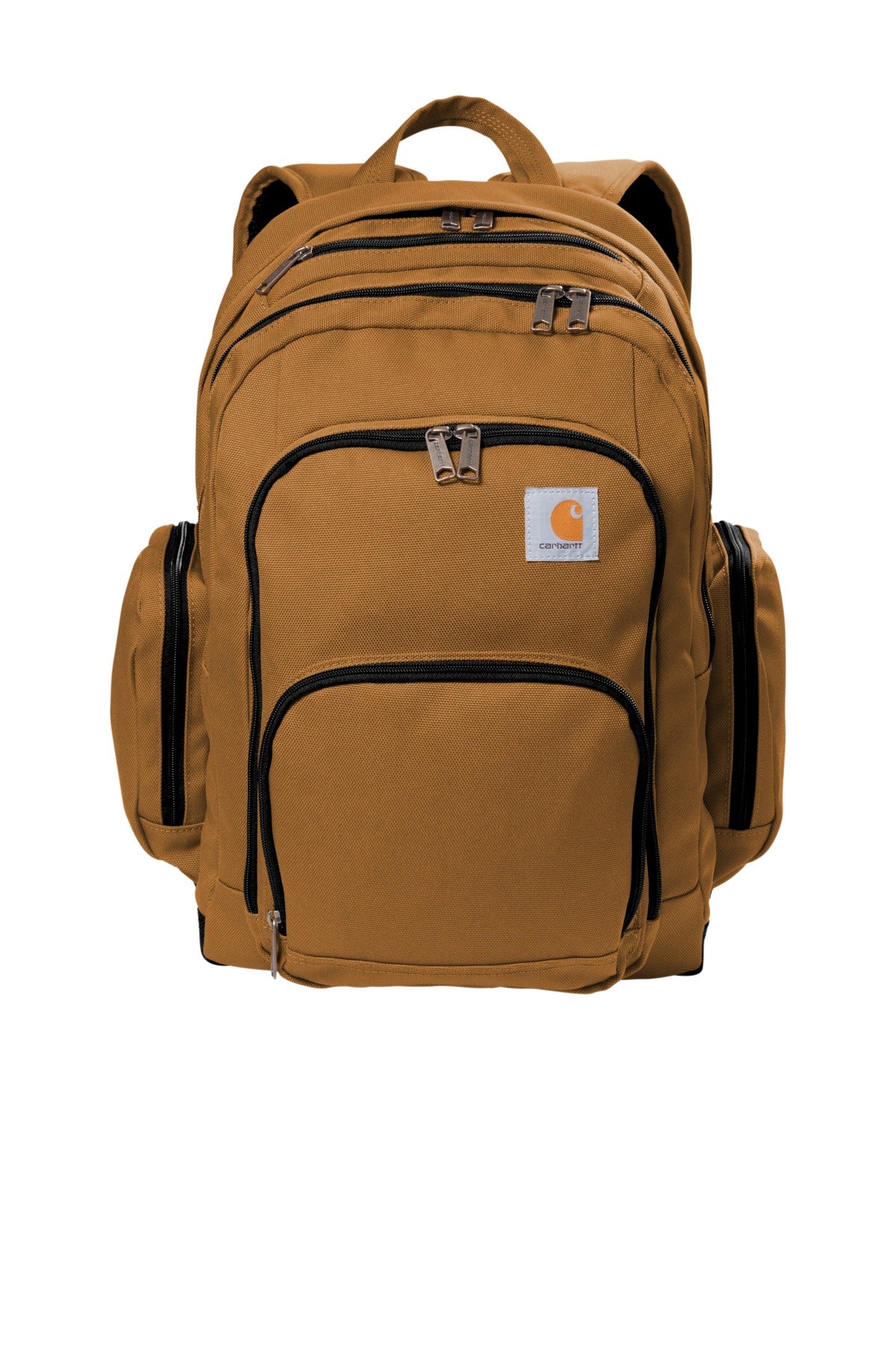 Carhartt Foundry Series Pro Backpack in brown with front zipper pockets and padded shoulder straps, designed for durability and comfort.