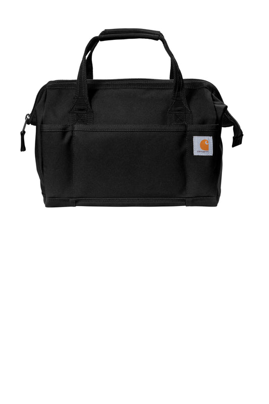Black Carhartt Foundry Series 14-inch tool bag with flat front, durable construction, and multiple compartments for tools.