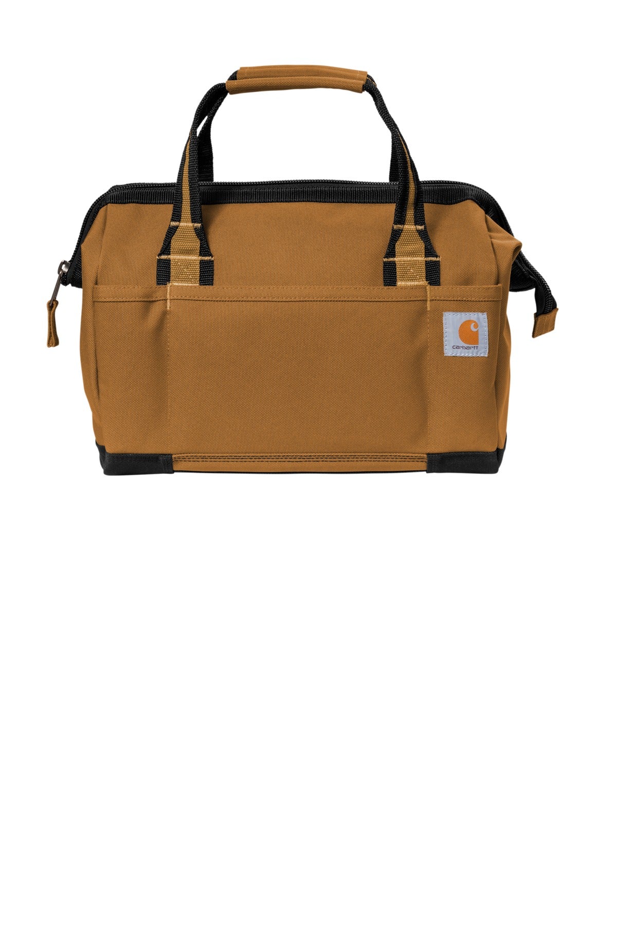 Carhartt Foundry Series 14-inch brown tool bag with sturdy handles and multiple compartments, designed for durable tool storage.