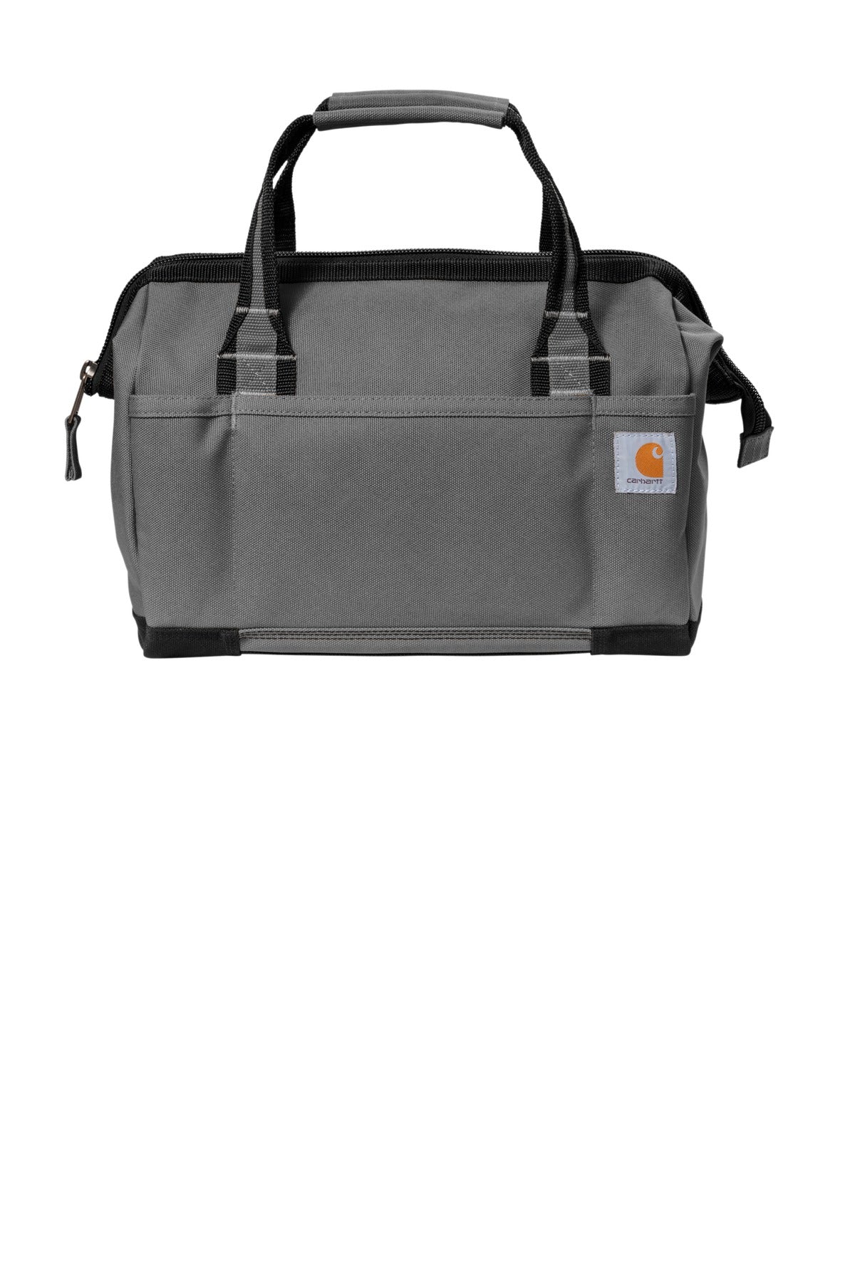 Carhartt Foundry Series 14-inch tool bag in grey with sturdy handles and multiple compartments for tools and accessories.