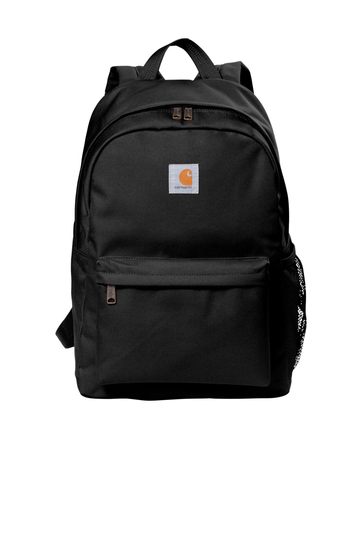 Black Carhartt Canvas Backpack with flat front design, featuring multiple compartments and sturdy straps for daily use.