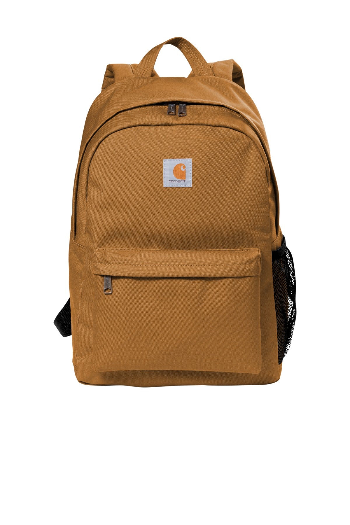 Brown Carhartt canvas backpack with front pocket and adjustable straps, designed for durable everyday use.