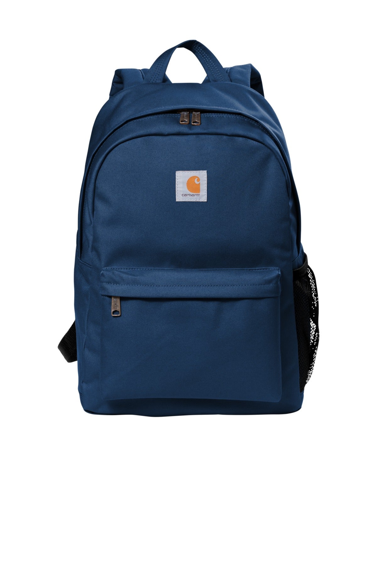 Carhartt navy canvas backpack with adjustable straps and front pocket, featuring durable fabric and sturdy design.