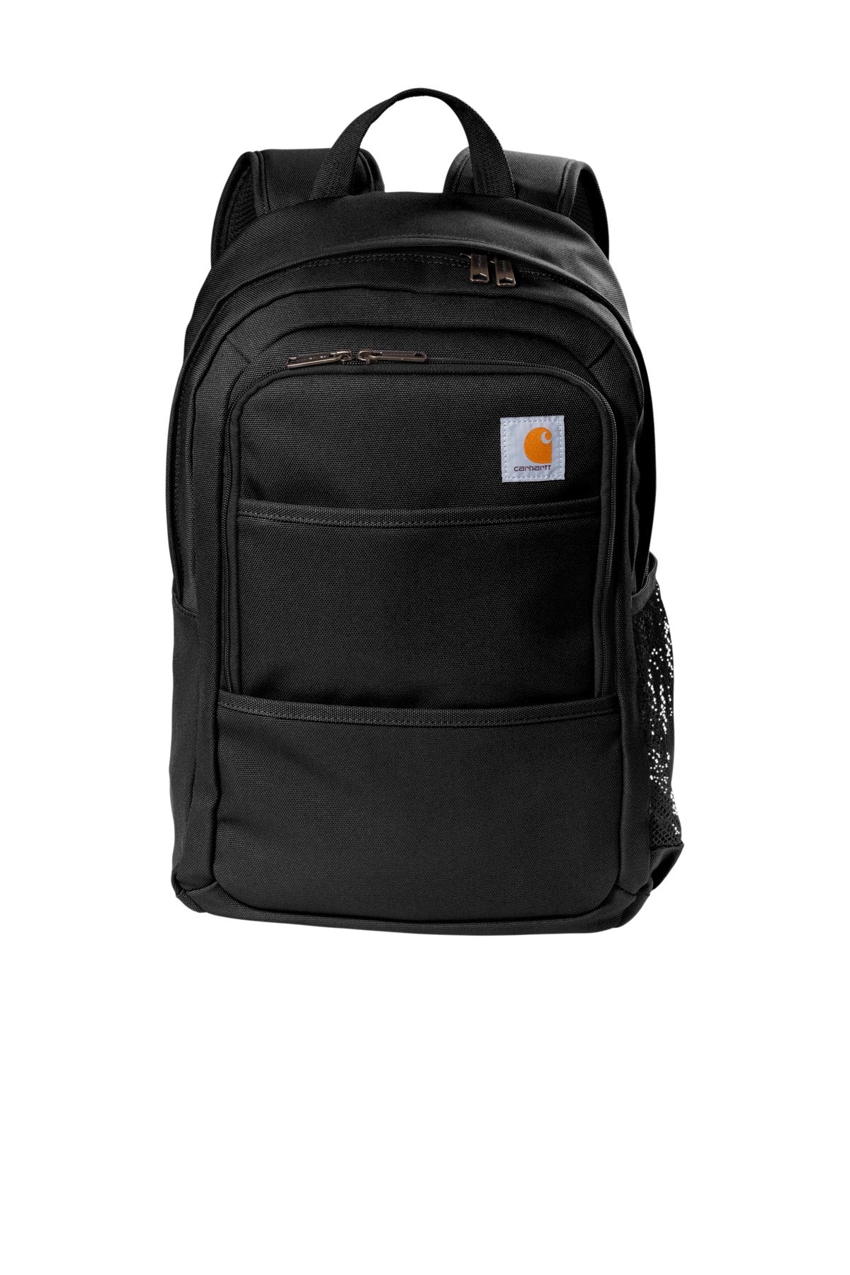 Black Carhartt Foundry Series Backpack with flat front design, durable fabric, and multiple compartments for everyday use.