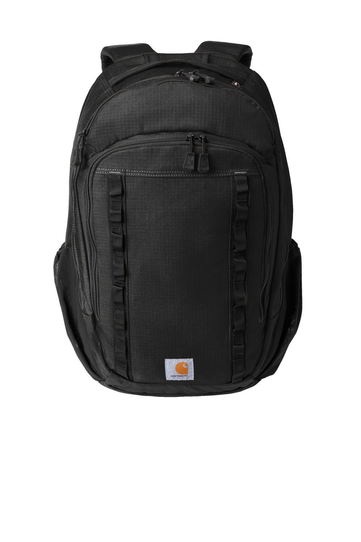 Black Carhartt 25L Ripstop Backpack with flat front design, durable fabric, and multiple compartments for everyday carrying.