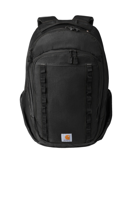 Black Carhartt 25L Ripstop Backpack with flat front design, durable fabric, and multiple compartments for everyday carrying.