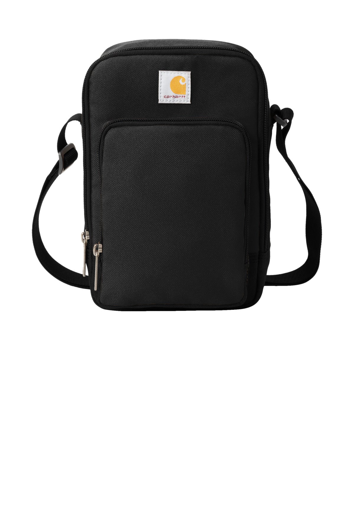 Black Carhartt crossbody zip bag with flat front design, compact and functional for everyday use.