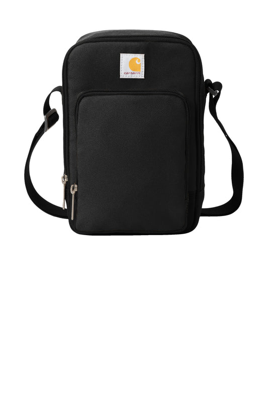 Black Carhartt crossbody zip bag with flat front design, compact and functional for everyday use.