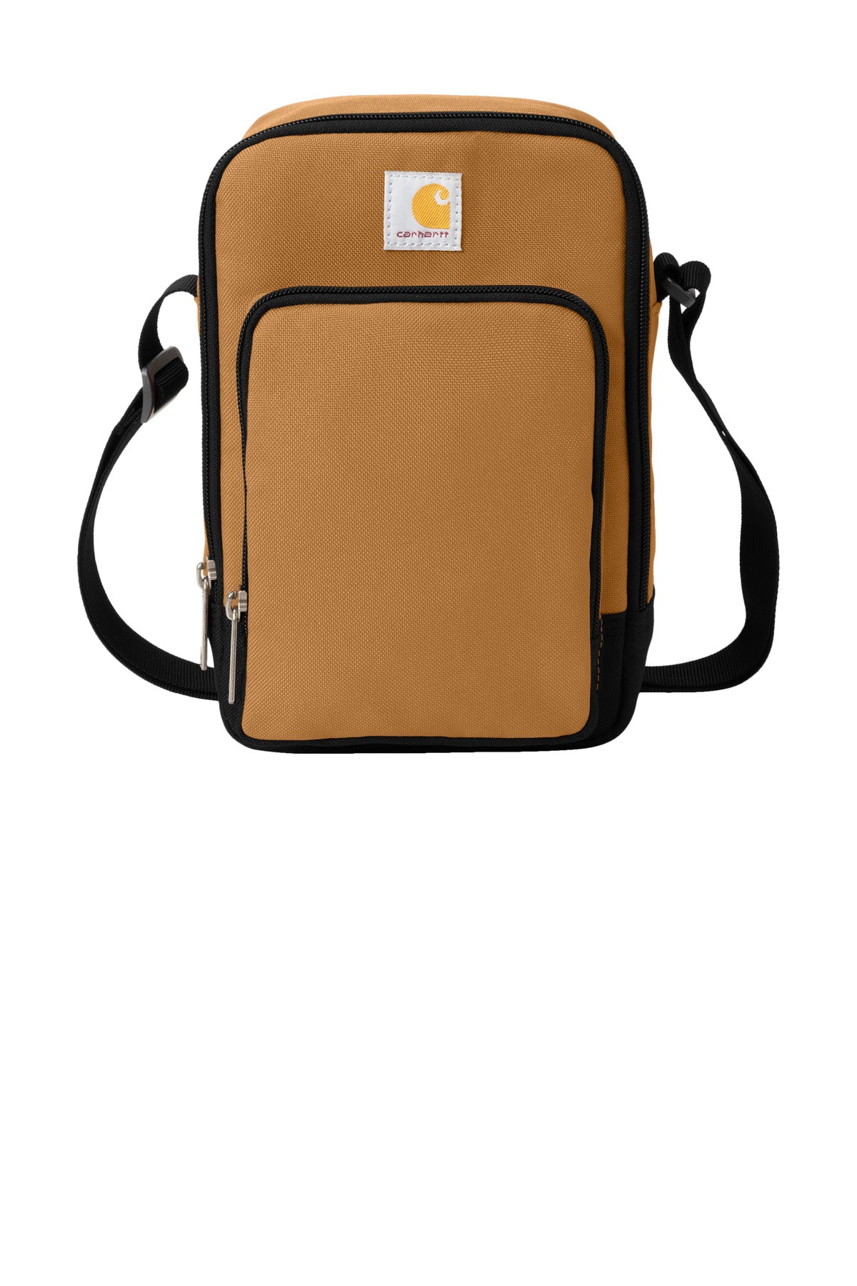 Carhartt brown crossbody zip bag with adjustable strap and front zipper pocket, made of durable fabric.