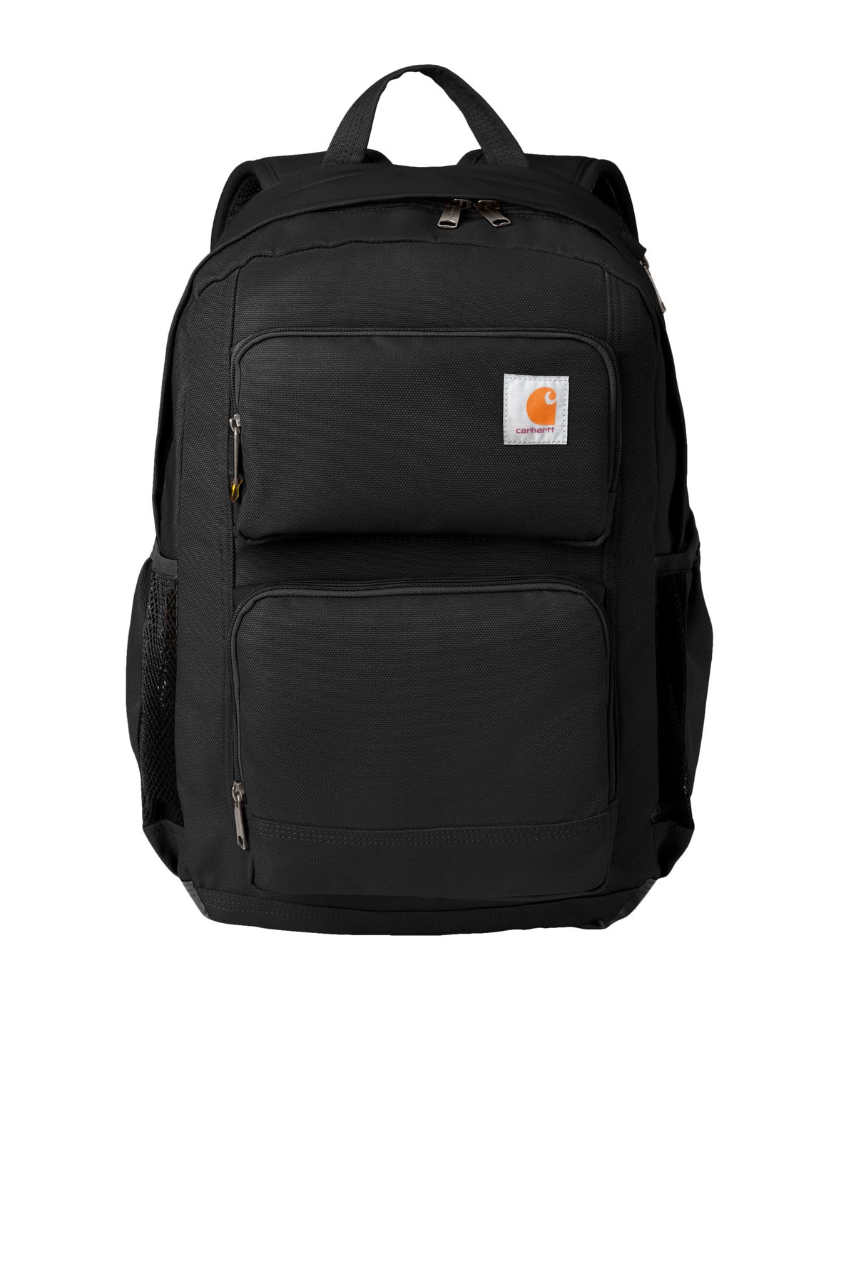 Black Carhartt 28L Foundry Series dual-compartment backpack with flat front design, durable fabric, and padded shoulder straps.