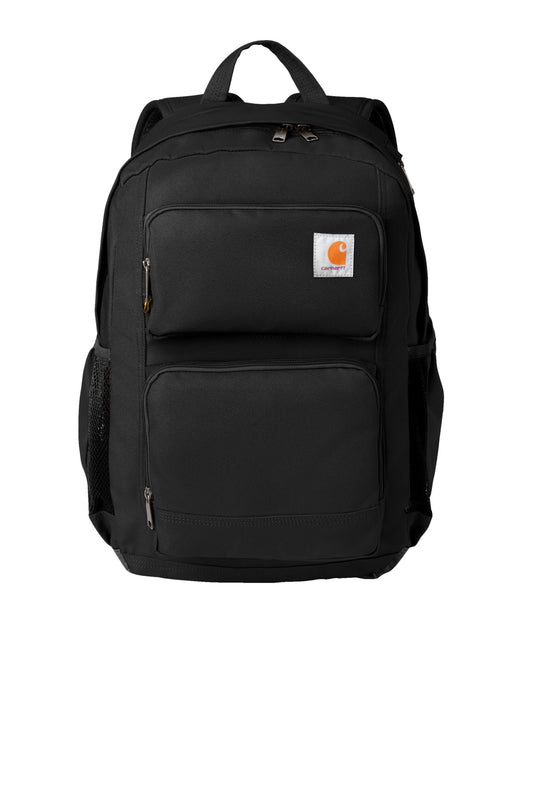 Black Carhartt 28L Foundry Series dual-compartment backpack with flat front design, durable fabric, and padded shoulder straps.