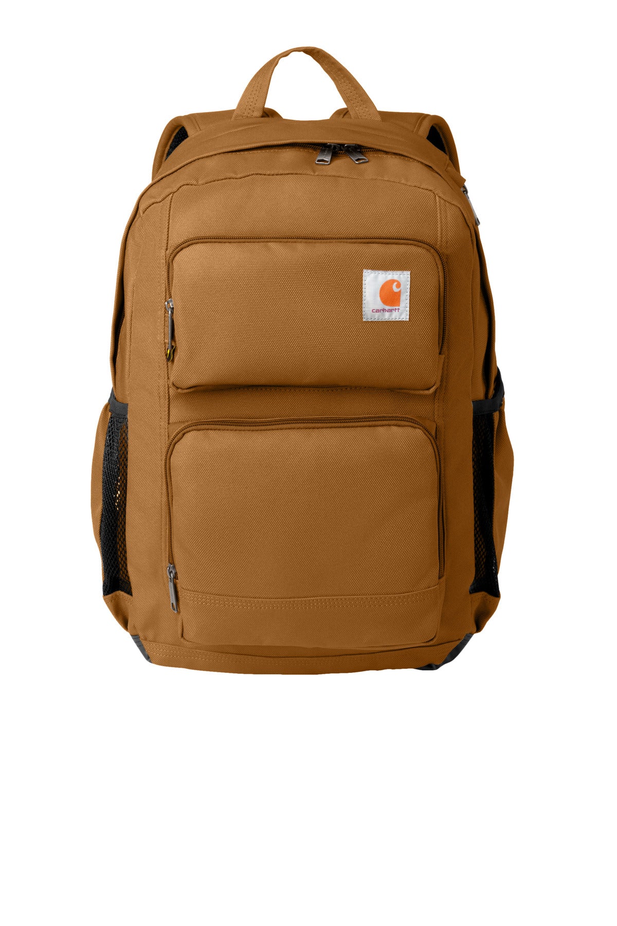 Carhartt 28L Foundry Series dual-compartment backpack in brown with front view, sturdy straps, and multiple storage pockets.